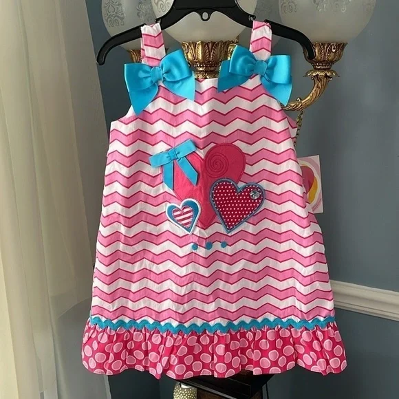 Brand New Youngland Pink & White Striped Ruffle Sleeveless Dress Blue Bows Heart - Picture 1 of 11